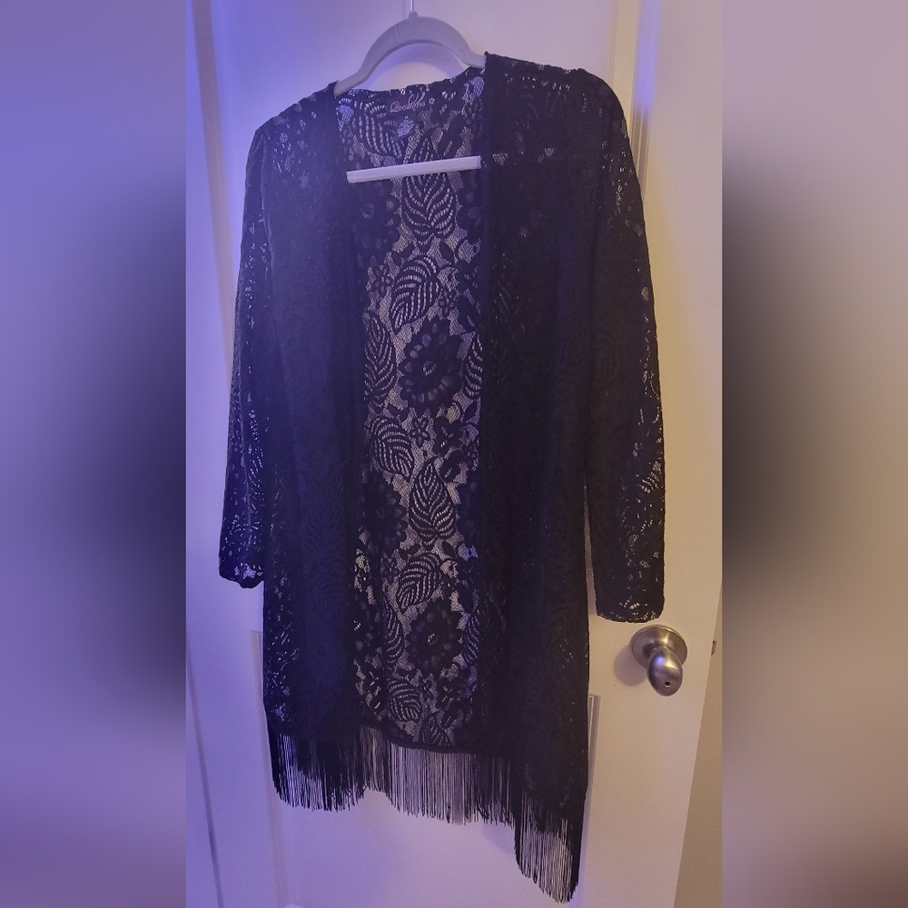 Black Lace Long Sleeve Kimono/ Duster/ Cover Up Size M